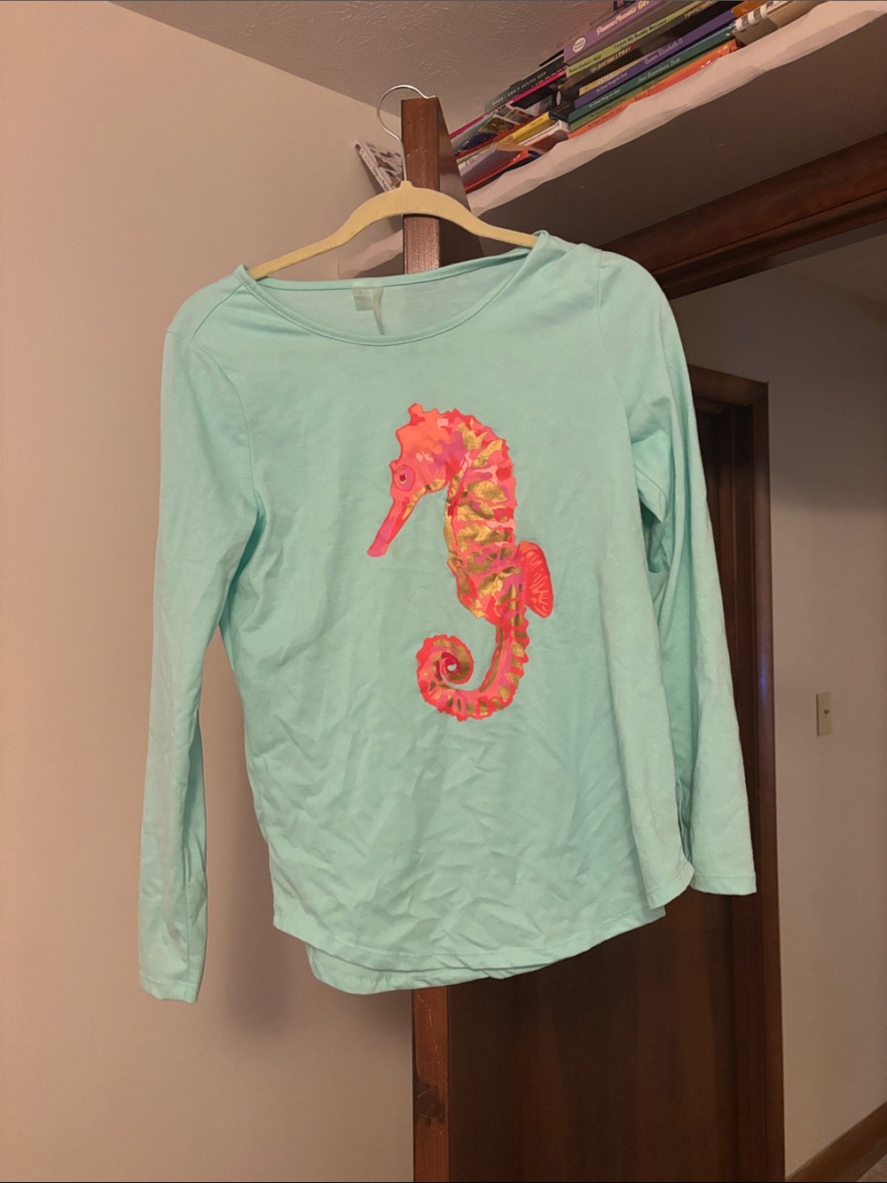 Women’s Mint Green Long-Sleeve Top with Pink  Seahorse